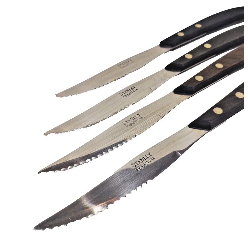 Vintage Stanley Steak Knives Stainless Steel Curved Wood Handle Tang 4 Pack